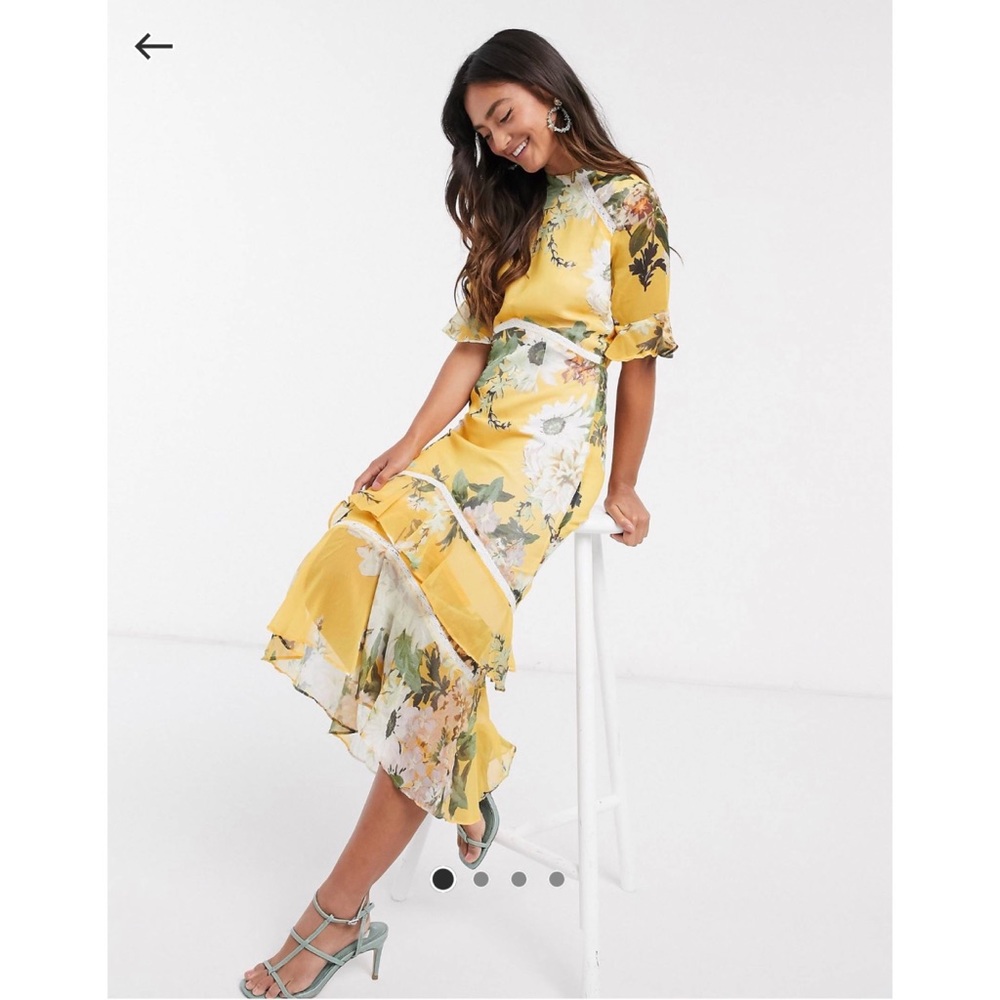 Hope & Ivy open back midi dress with ruffle hem in yellow based floral print